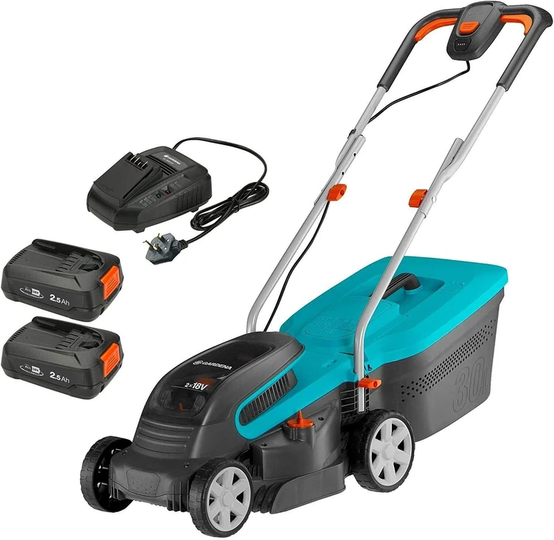 Gardena Battery Lawnmower PowerMax 32/36V P4A ready-to-use: Lawnmower for lawns up to 200 m², 32 cm cutting width, 30 l collector volume, cutting height 20–60 mm, w/ 2 x 18 V P4A batteries (14621-28)