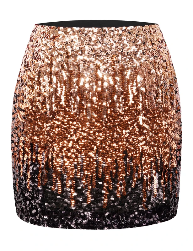 MANER Women's Sequin Skirt Sparkle Stretchy Bodycon Mini Skirts Night Out Party, Light Brown/Coffee/Black, M