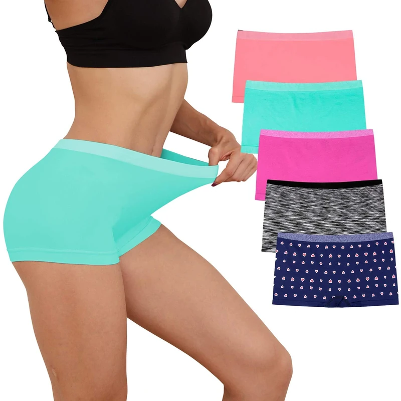 R RUXIA Womens Boyshort Panties Seamless Ladies Underwear Full Coverage Briefs No Show Boxers for Sleep and Workout Printing Boyshort 5-Pack