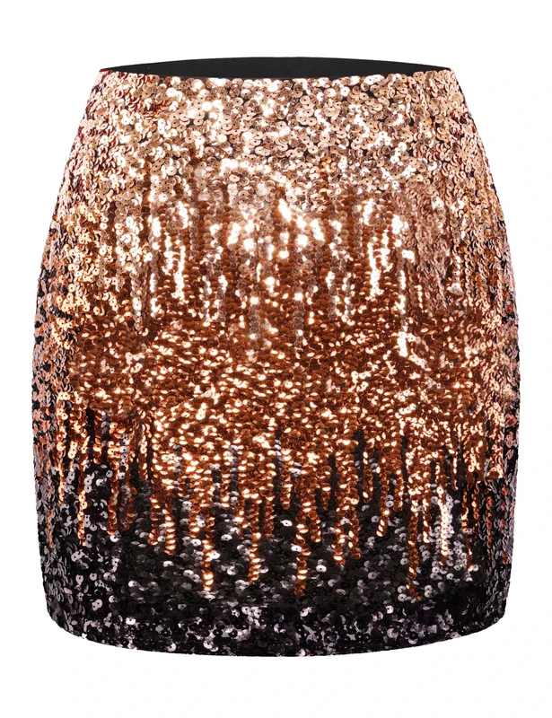 Maner Women's Sequin Skirt Sparkle Stretchy Bodycon Mini Skirts Night Out Party, Light Brown/Coffee/Black, L