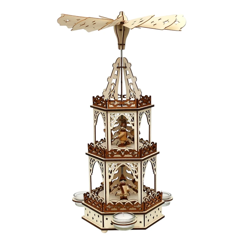 Wooden Tea Light Pyramid in Natural/Brown with 3 Levels for 3 Tea Lights 19 x 16.5 x 42 cm Lantern Children Design