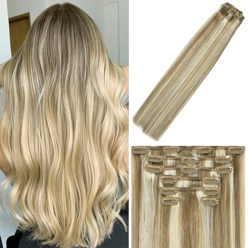 WindTouch Clip In Hair Extensions Human Hair Mixed Bleach Blonde 18Inch 75g Hair Extensions for Women Remy Blonde Extensions Clip in #18p613 7PCS - Image 1