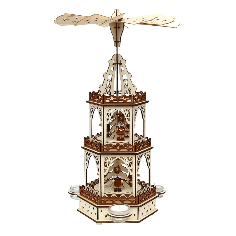 Dekohelden24 Wooden tealight pyramid in natural/brown with 3 levels, for 3 tea lights, L/W/H: 19 x 16.5 x 42 cm, motif: miners