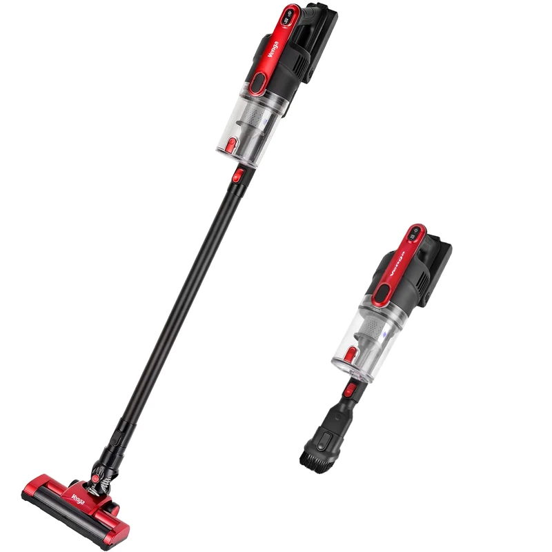 Venga! 2-in-1 Cordless Stick and Handheld Vacuum Cleaner, Bagless, Rechargeable, Rotative Brush + 2 Extras, Up to 12 kPa, 2000 mAh Li-ion Battery, Red/Black, VG HVC 3000 BS