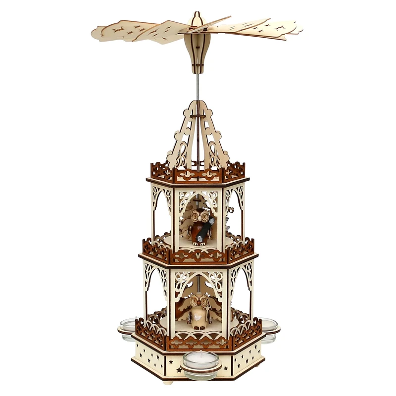 Wooden Tea Light Pyramid in Natural/Brown with 3 Levels for 3 Tea Lights (L x W x H): 19 x 16.5 x 42 cm Owl Forest Design