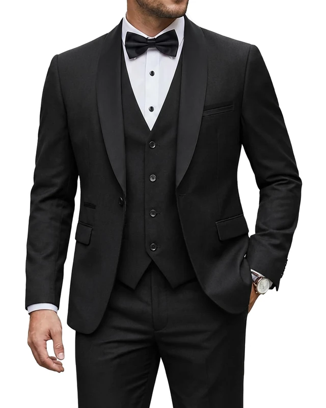 YND Men's 3 Piece Slim Fit Tuxedo Set, One Button Shawl Collar Solid Jacket Vest Pants with Bow Tie, Black, Small