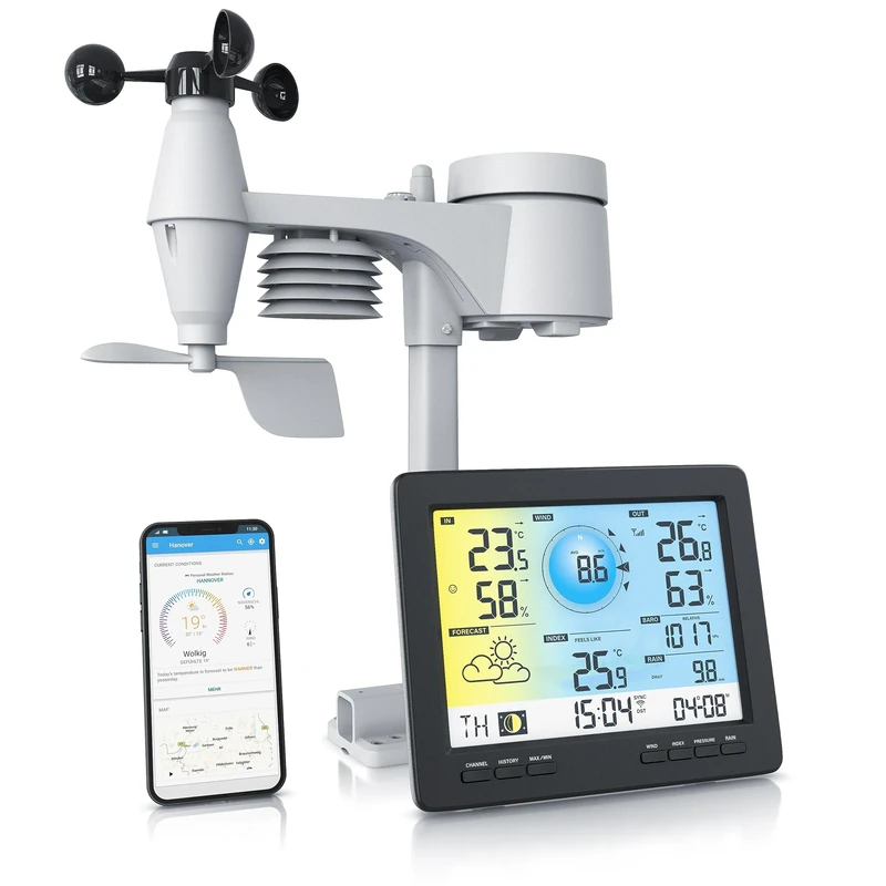 Brandson - Wireless Weather Station with 5-in-1 Outdoor Sensor - Weather Data via App WiFi - Weather Forecast - Indoor and Outdoor Temperature - Wind Gauge and Rain Sensor - Wind Direction - LCD