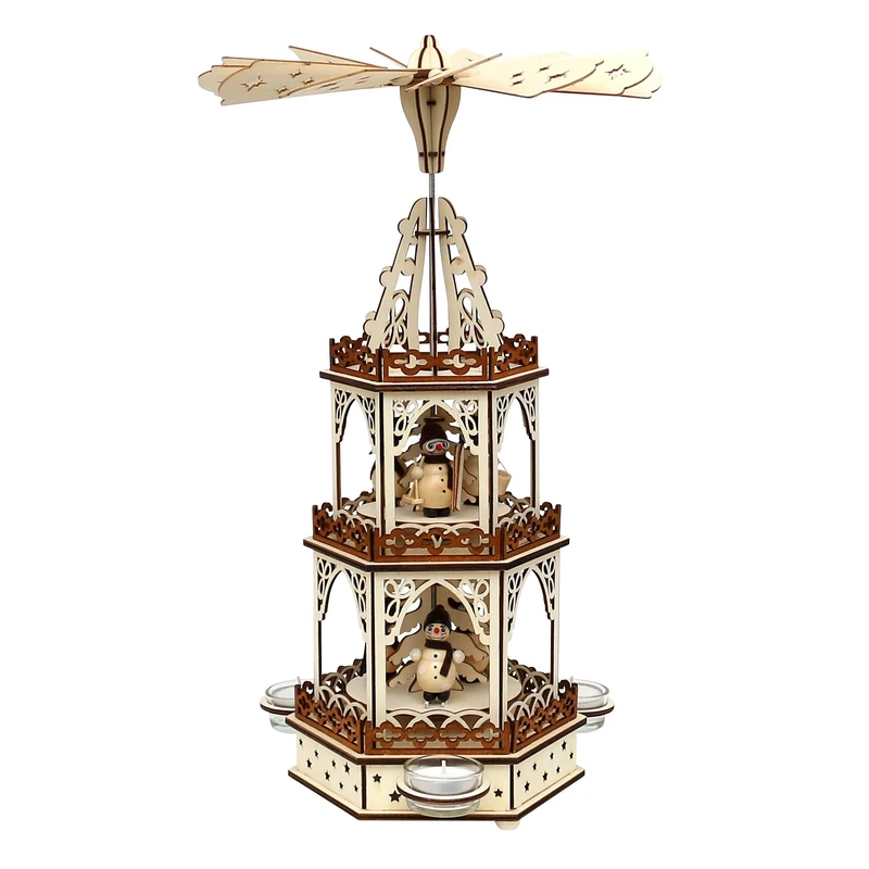 Wooden Tea Light Pyramid in Natural/Brown with 3 Levels for 3 Tea Lights (L x W x H): 19 x 16.5 x 42 cm Snowmen Motif