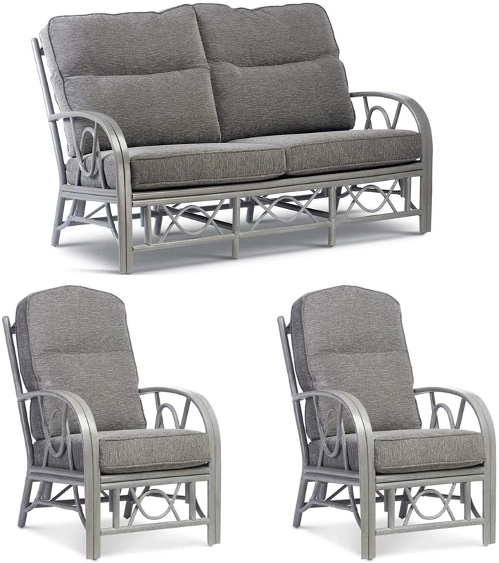 Desser Bali Grey Conservatory Furniture Set – 3 Seater Sofa & 2x Armchairs – Fully Assembled Luxury Indoor Real Cane Pole Chair & Settee Suite with UK Manufactured Cushions – Slate Fabric - Image 1