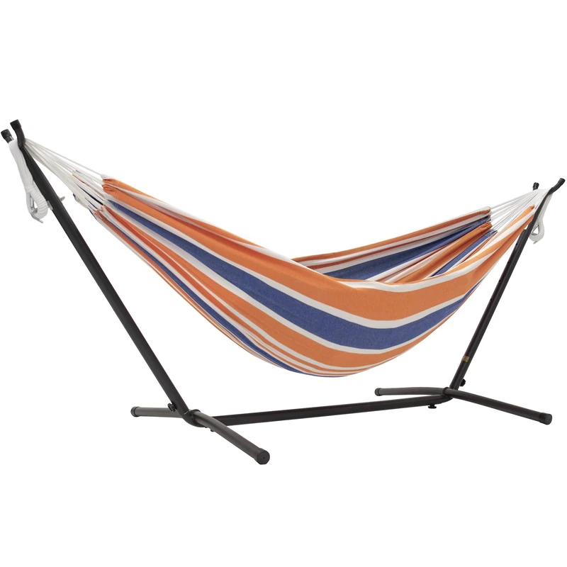 Vivere UHSDO8-40 Double Cotton Hammock with Space-Saving Steel Stand Including Carrying Bag, Orange Punchh
