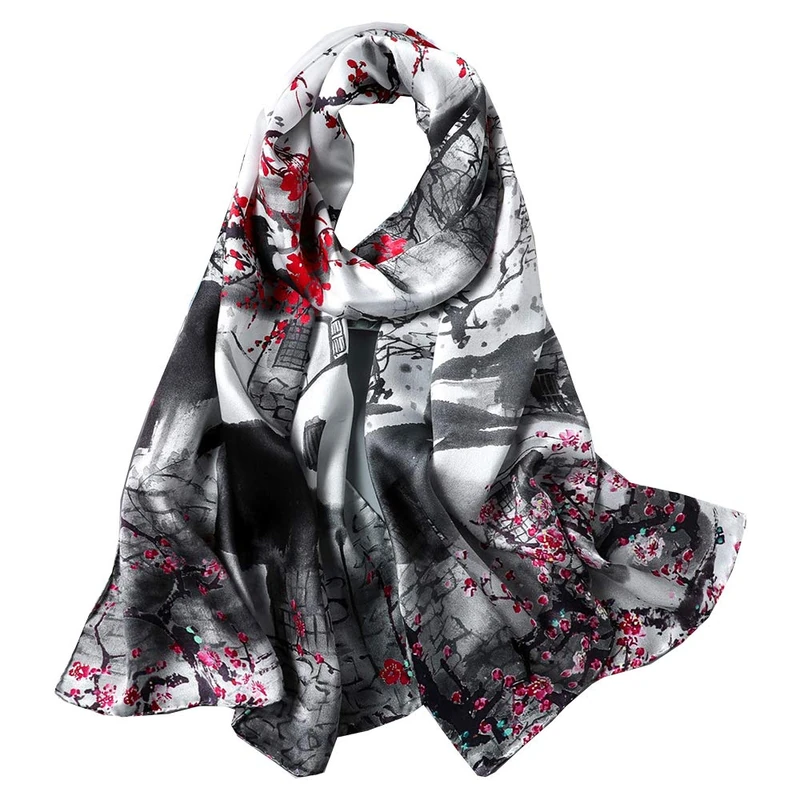 ANDANTINO 100% Mulberry Silk Long Scarf for Women Large Shawls for Headscarf and Neck- Oblong Hair Wraps with Gift Packed, Ink Painting, Large