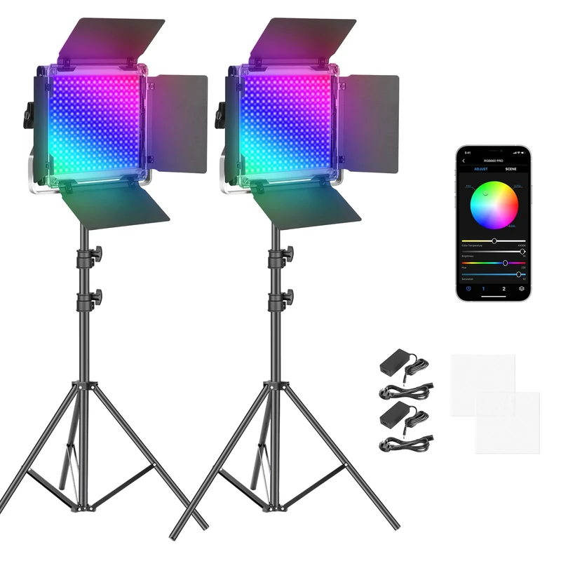 NEEWER 2 Pack 660 PRO RGB LED Video Light with App Control Tripod Stand Kit, Studio Panel Key Lighting for Gaming Streaming Zoom YouTube Webex Photography, 360° Full Color, 50W Dimmable Bi Color