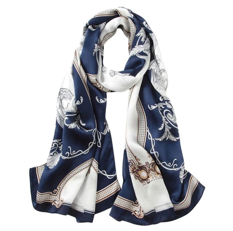 100% Mulberry Silk Long Scarf for Women Large Shawls for Headscarf and Neck- Oblong Hair Wraps with Gift Packed …, Navy&white -Phoenix Tail Fern, Large