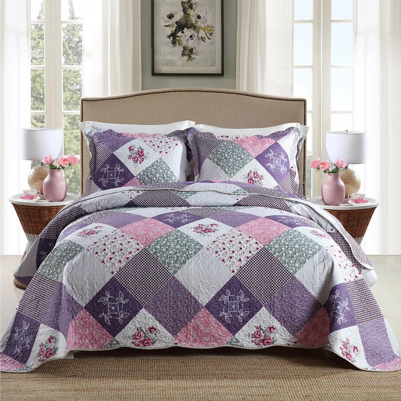 HoneiLife Quilt Set King Size - 3 Piece Microfiber Quilts Reversible Bedspreads Patchwork Coverlets Floral Bedding Set All Season Quilts-Little Rose,Purple