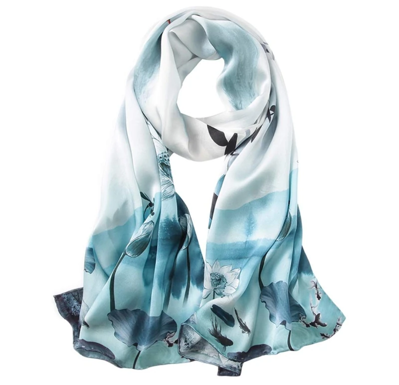 100% Mulberry Silk Long Scarf for Women Large Shawls for Headscarf and Neck- Oblong Hair Wraps with Gift Packed, Wash Painting-lotus, Large