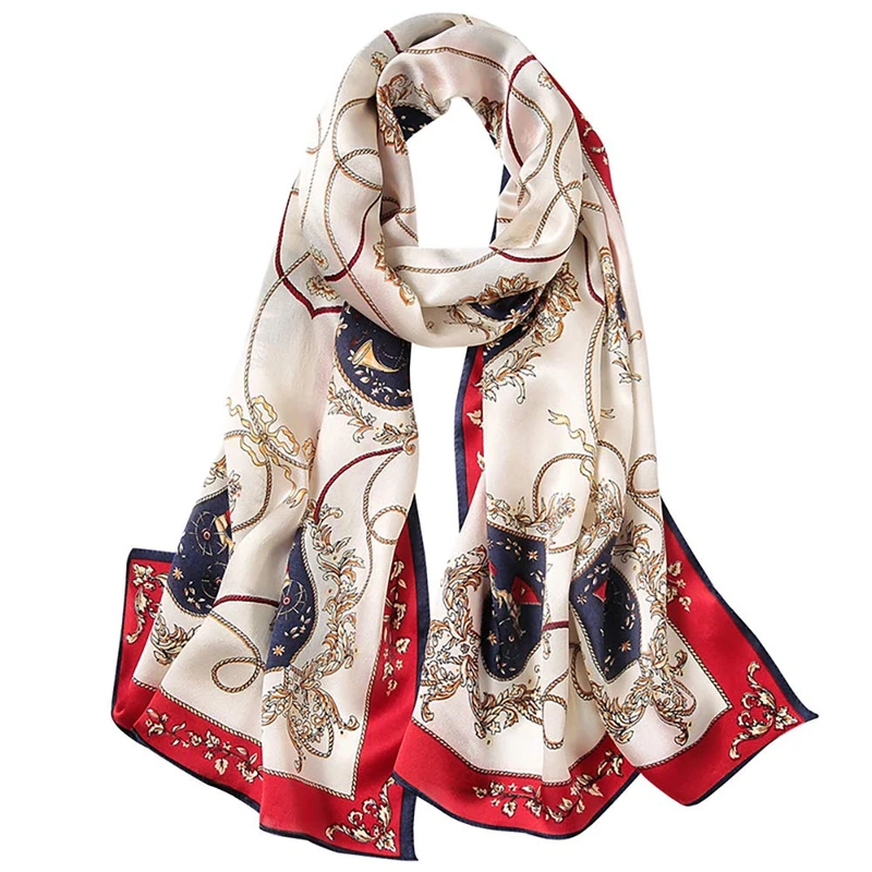ANDANTINO 100% Mulberry Silk Long Scarf for Women Large Shawls for Headscarf and Neck- Oblong Hair Wraps with Gift Packed, 1-red&navy-carriage, Large