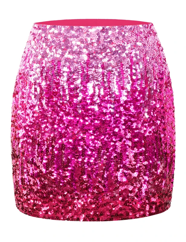 MANER Women's Sequin Skirt Sparkle Stretchy Bodycon Mini Skirts Night Out Party, Pink/Rose Red/Red, L - Image 1