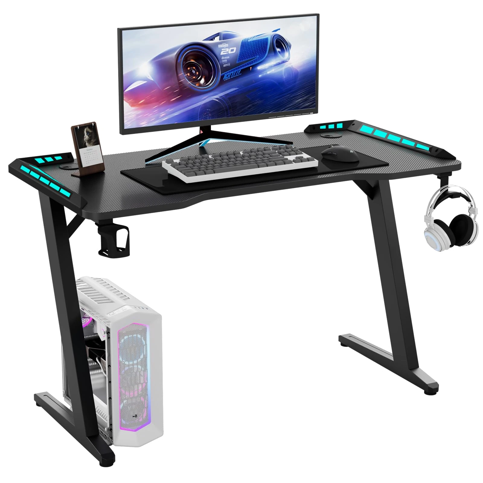 Hironpal Black Gaming Desk with LED Lights, Computer Desk Workstation for Home Office Desk with Carbon Fibre Surface, PC Study Table with Cup Holder and headphone Hook for Laptop Home Office, Black