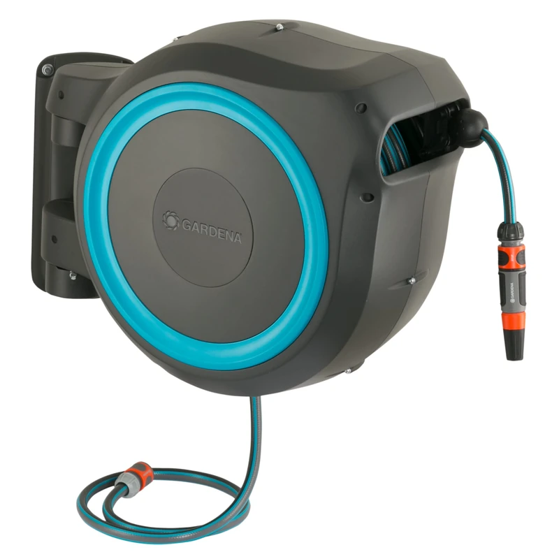 Gardena Wall-Mounted Hose Box Rollup L (Turquoise) 30 m: Versatile Watering System for Large Gardens, Swivel Hose Box, Including 30 m Gardena Hose and mounting kit (18625-20)