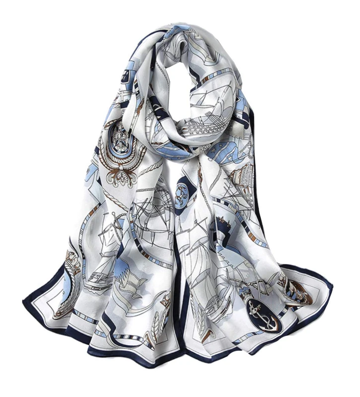 ANDANTINO 100% Mulberry Silk Long Scarf for Women Large Shawls for Headscarf and Neck- Oblong Hair Wraps with Gift Packed, White&blue-sailing, Large