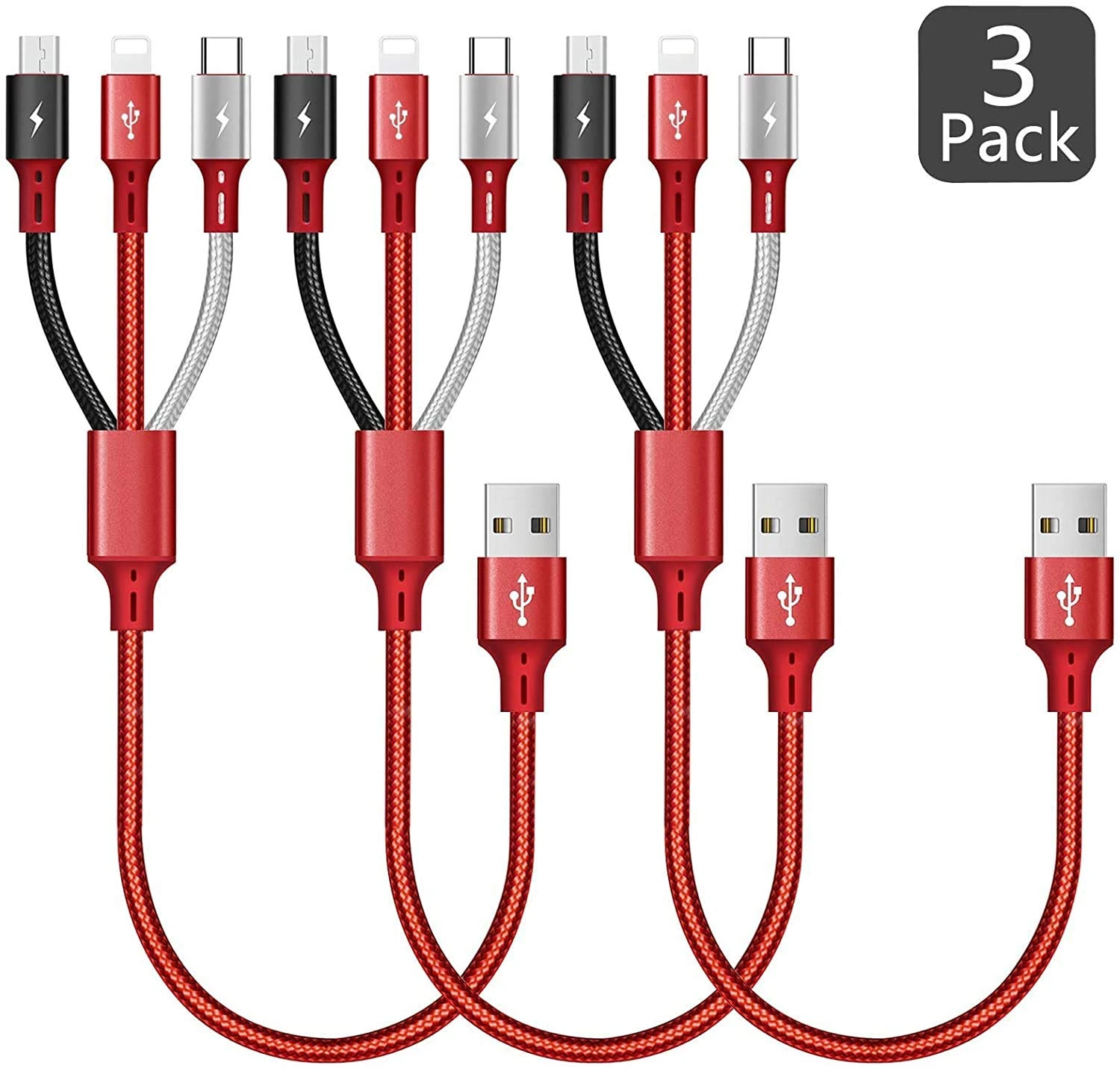 ASICEN 3pcs Multi USB Charging Cable 3A, 3 in 1 Braided USB Fast Charger Cord Connector with Phone/Micro USB/Type C Port for Cell Phones/Galaxy S9 S8 S7/Pixel/LG/Tablets and More(Red, 1ft/35cm)