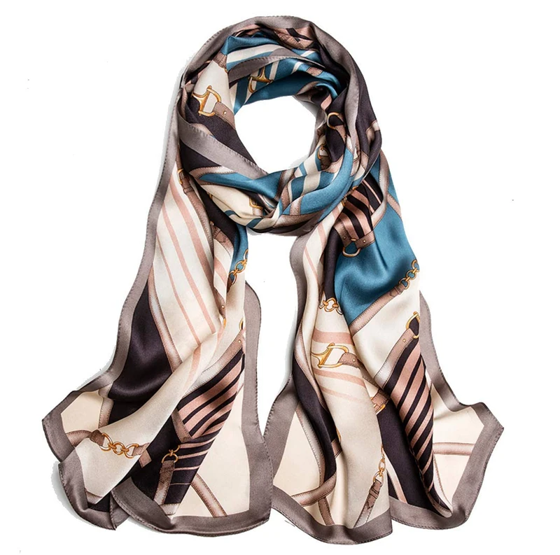ANDANTINO 100% Mulberry Silk Long Scarf for Women Large Shawls for Headscarf and Neck- Oblong Hair Wraps with Gift Packed, Cream&blue Belts, Large