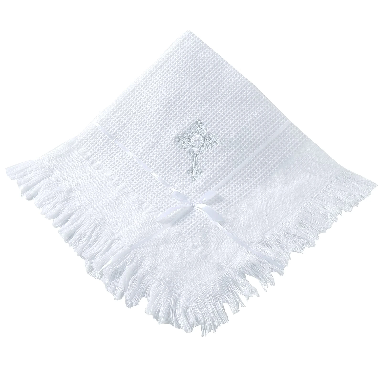 Booulfi Waffle Cellular Blankets Baby Shawl Tassel Ribbon Silver Cross Embriodery Personalised White Christening Baby Blanket Baptism Newborn Essentials,45.5x45.5 inches
