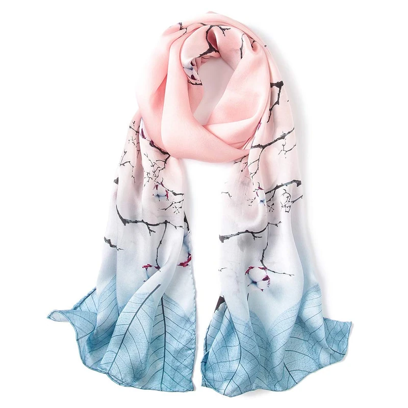 100% Mulberry Silk Long Scarf for Women Large Shawls for Headscarf and Neck- Oblong Hair Wraps with Gift Packed (Blue&pink branches)
