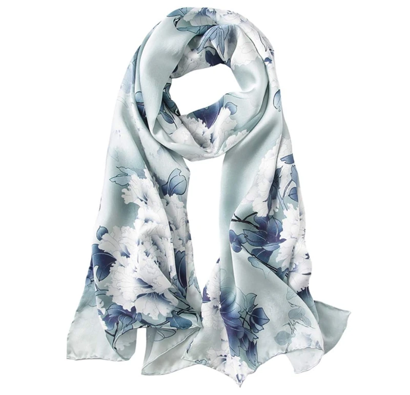 ANDANTINO 100% Mulberry Silk Long Scarf for Women Large Shawls for Headscarf and Neck- Oblong Hair Wraps with Gift Packed, Dusty Blue Peony, Large