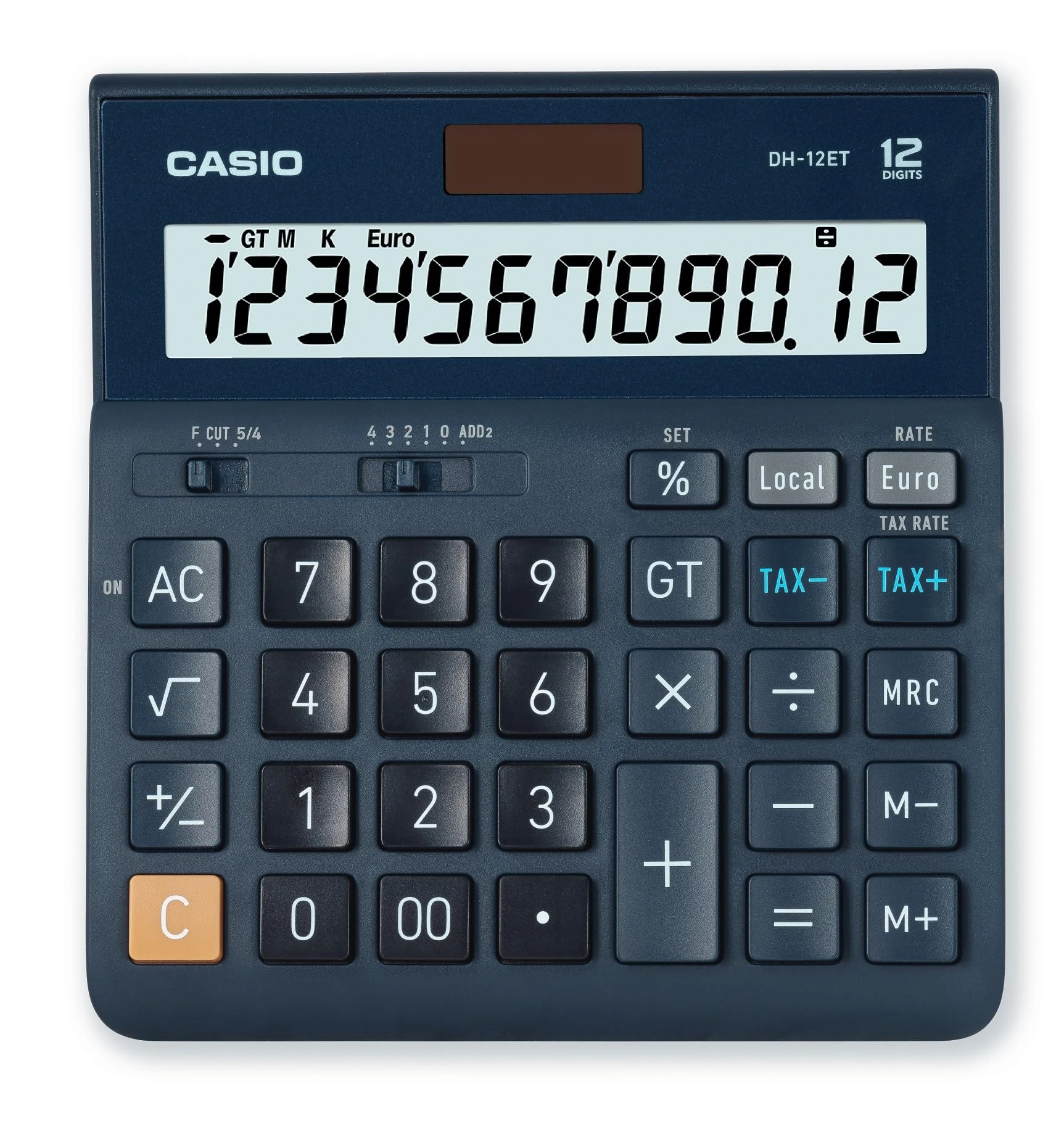 Casio Desktop Calculator, 12 Digit Tax Calculator, Total Storage, Solar/Battery Operated, DH-12ET, dark blue