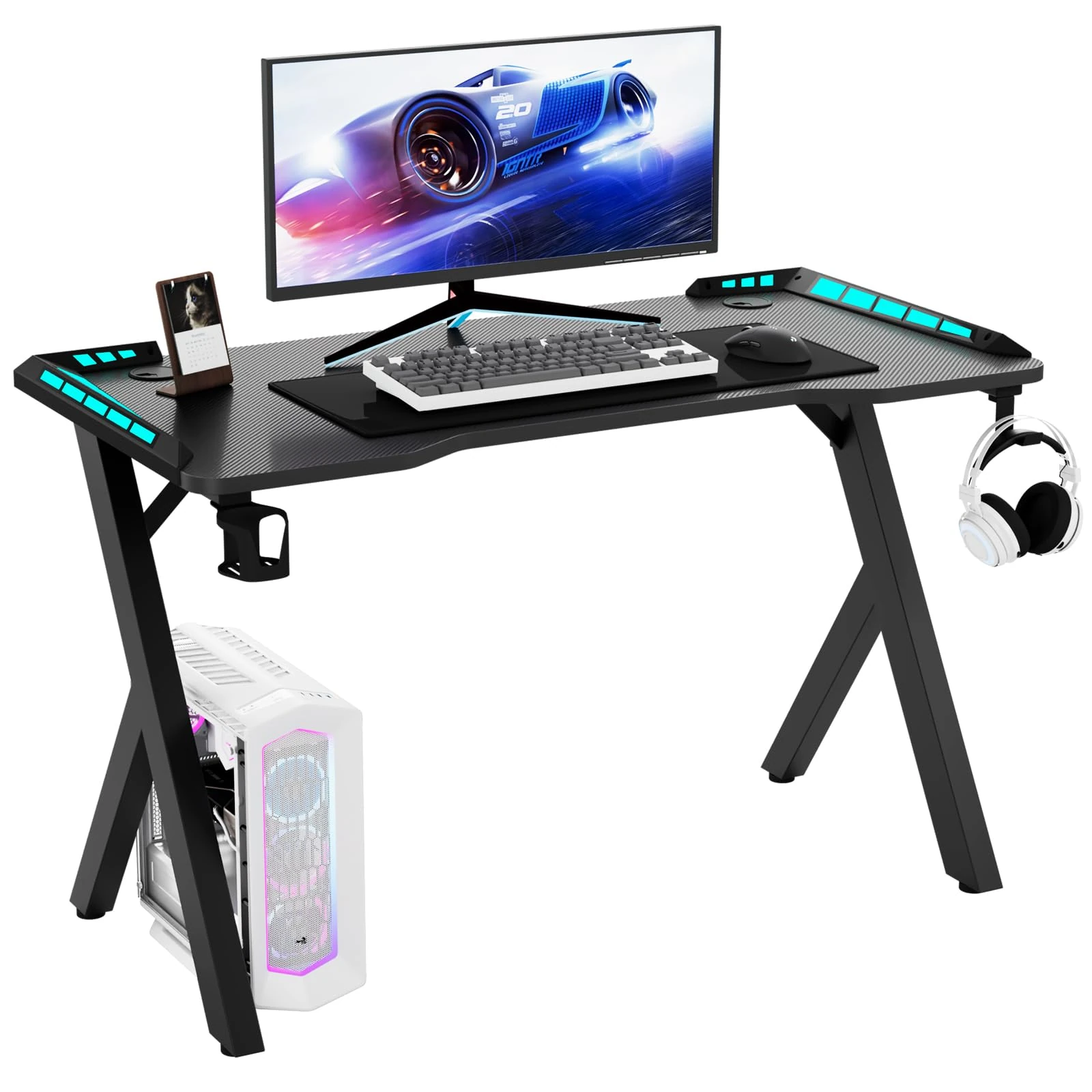 Hironpal Black Gaming Desk with LED Lights, Computer Desk Workstation for Home Office Desk with Carbon Fibre Surface, PC Study Table with Cup Holder and headphone Hook for Laptop Home Office (Black)
