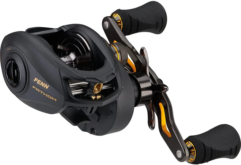 PENN Fathom Low Profile Reel, Fishing Reel, Low Profile Baitcast Reels, Sea - Inshore Fishing, Saltwater Fishing Reel for Jigging, Jig , Bait and Lure Fishing, Unisex, Black Gold, 200 | Left Hand