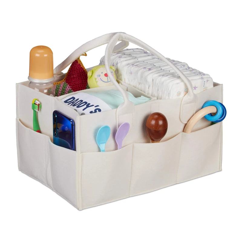 Relaxdays Baby Diaper Caddy, 11 Compartments, Removable Dividers, Portable Felt Bag, H x W x D: 34 x 33 x 23 cm, Beige - Image 1