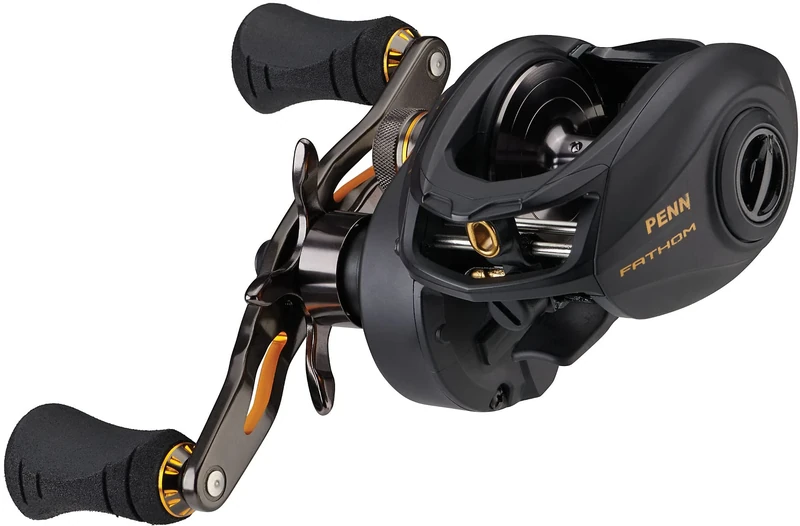 PENN Fathom Low Profile Reel, Fishing Reel, Low Profile Baitcast Reels, Sea - Inshore Fishing, Saltwater Fishing Reel for Jigging, Jig , Bait and Lure Fishing, Unisex, Black Gold, 300 | Right Hand