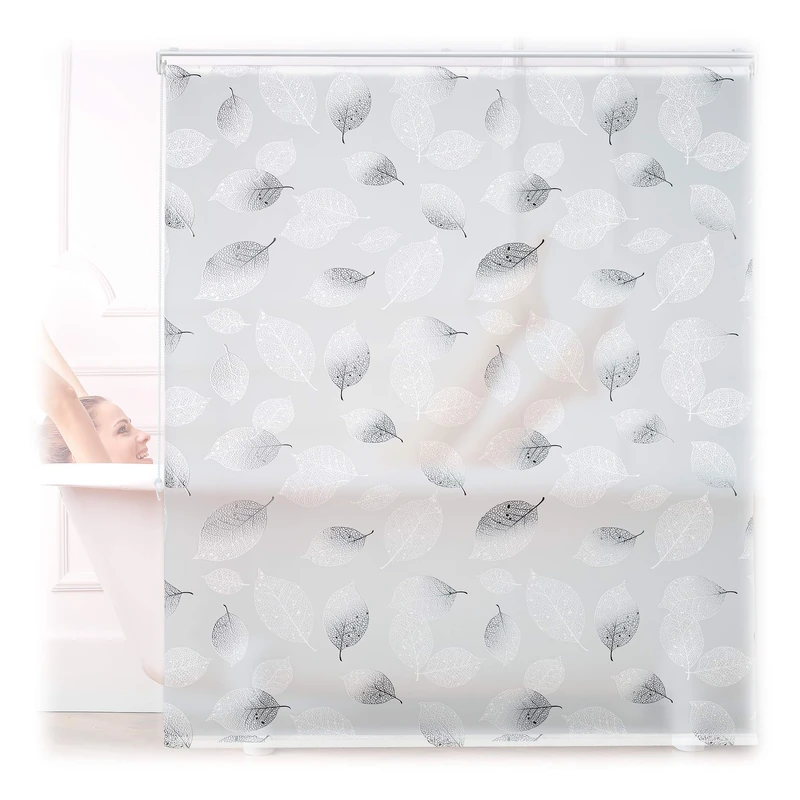 Relaxdays Shower Roller Blind, Leaf Pattern, Flexible Mounting, Pull-up Curtain for Bath & Window, HxW: 140x240cm, Grey