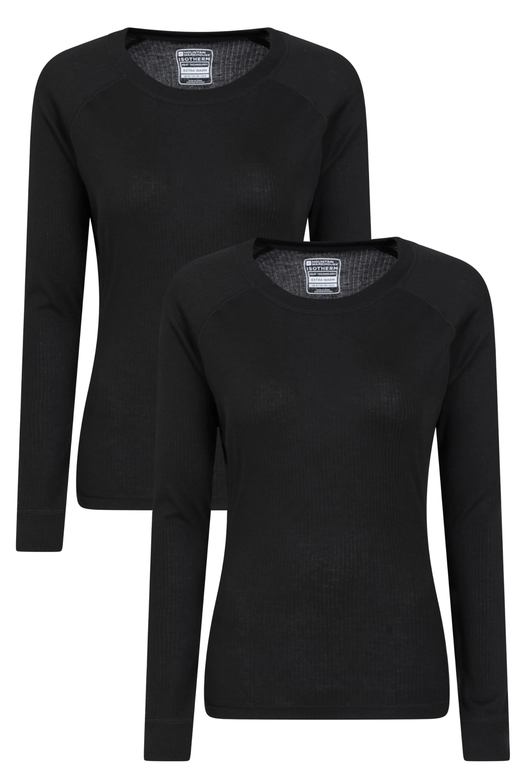 Mountain Warehouse Talus Womens Round Neck Tops - Multipack Ladies Thermal Tee, Lightweight, Quick Drying - Best for, Skiing, Snowboarding to wear as a Baselayer Black (2 Pack) Women's Size 12
