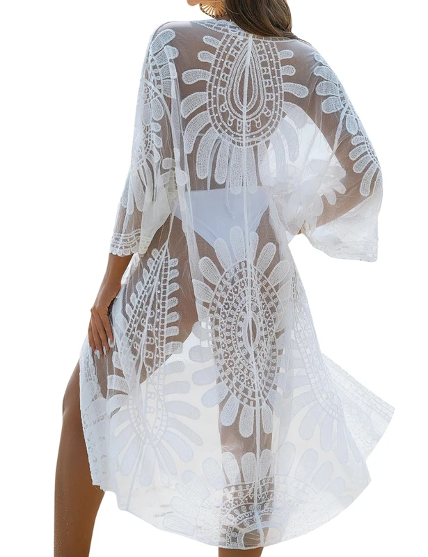 Blooming Jelly Women's Swimsuit Cover Ups Lace Floral Crochet Beachwear Long Kimono Cardigan - white - Medium