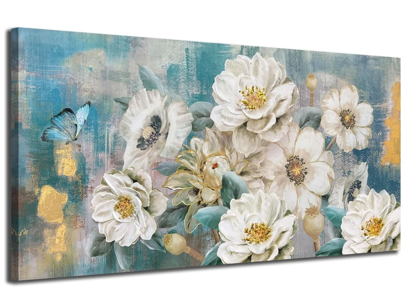 Arjun Flower Canvas Wall Art for Bedroom White Elegant Teal Picture, Textured Floral Magnolia Aesthetic Painting Living Room Wall Decor Turquoise Large Artwork Dining Room Home Office 40"x20"