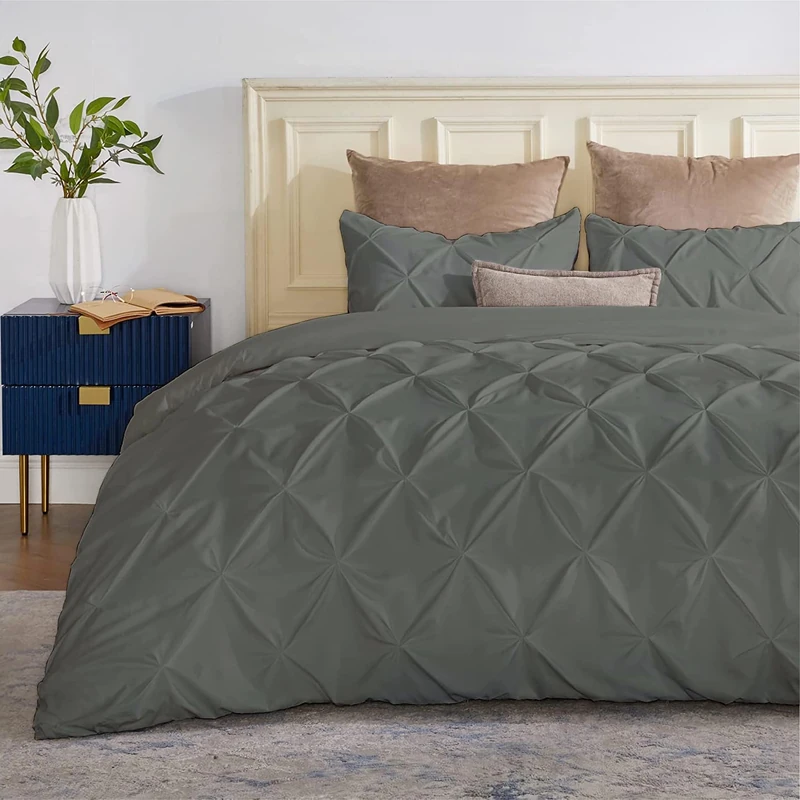 SLEEP-NEST Pinch Quilt Cover Duvet Oversized King Plus 128x120 Premium 3 Piece 100% Cotton Extra Large, Zipper Closure 600 TC Breathable Durable Soft, Pintuck Pleated All Season Dark Grey