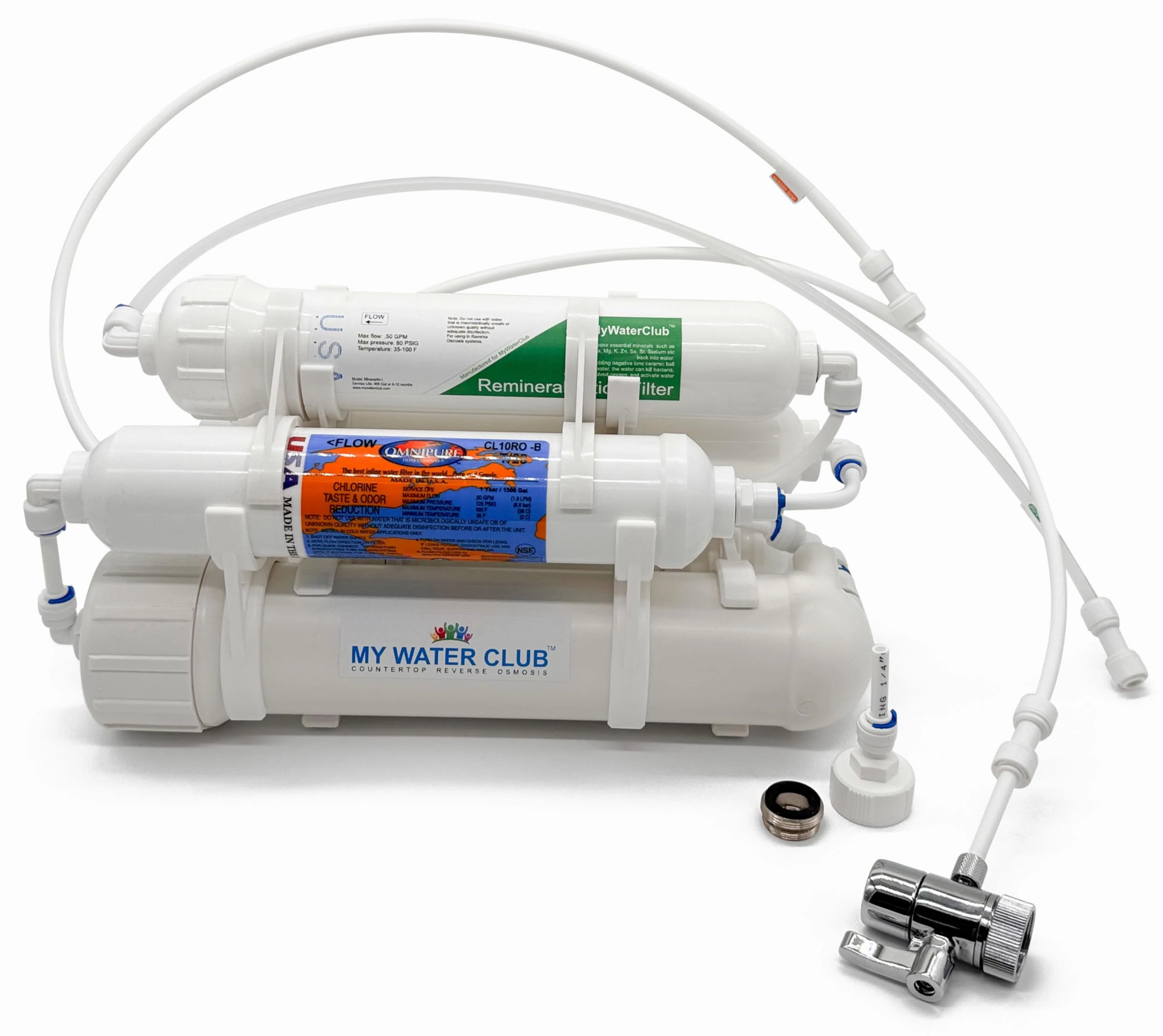 Mineral 5-Stage Countertop MyWaterClub Reverse Osmosis Water Purification System, 100 GPD Membrane, with Post re-Mineralization Filter. Dual Connection: Faucet and Garden/Laundry Hose Adapter