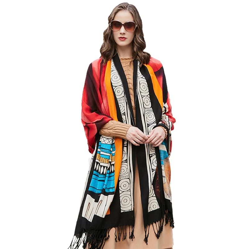 DANA XU 100% Pure Wool Oversize Large Blanket Cashmere Pashmina Soft Dupatta Scarf Shawls And Wraps For Women Evening Dress, 30 Multicolor, 96 * 42 INCH