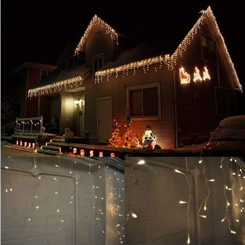 Outdoor Icicle Christmas Fairy Lights, 800 LED 20 Metres Lit Width, 160 Icicles, 8 Hour Timer, 8 Modes, Safe Voltage (Warm White, 800 LED)