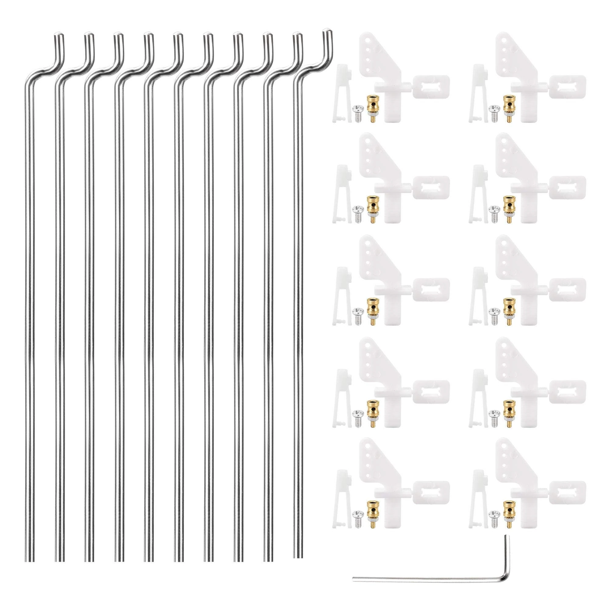 sourcing map 10Sets RC Fixed Wing Airplane Control Horn Kit - 10pcs Nylon Control Horn + 10pcs Clevis + 10pcs 1.2x180mm Pull Rod + 10pcs Fast Holder + 1pcs Wrench