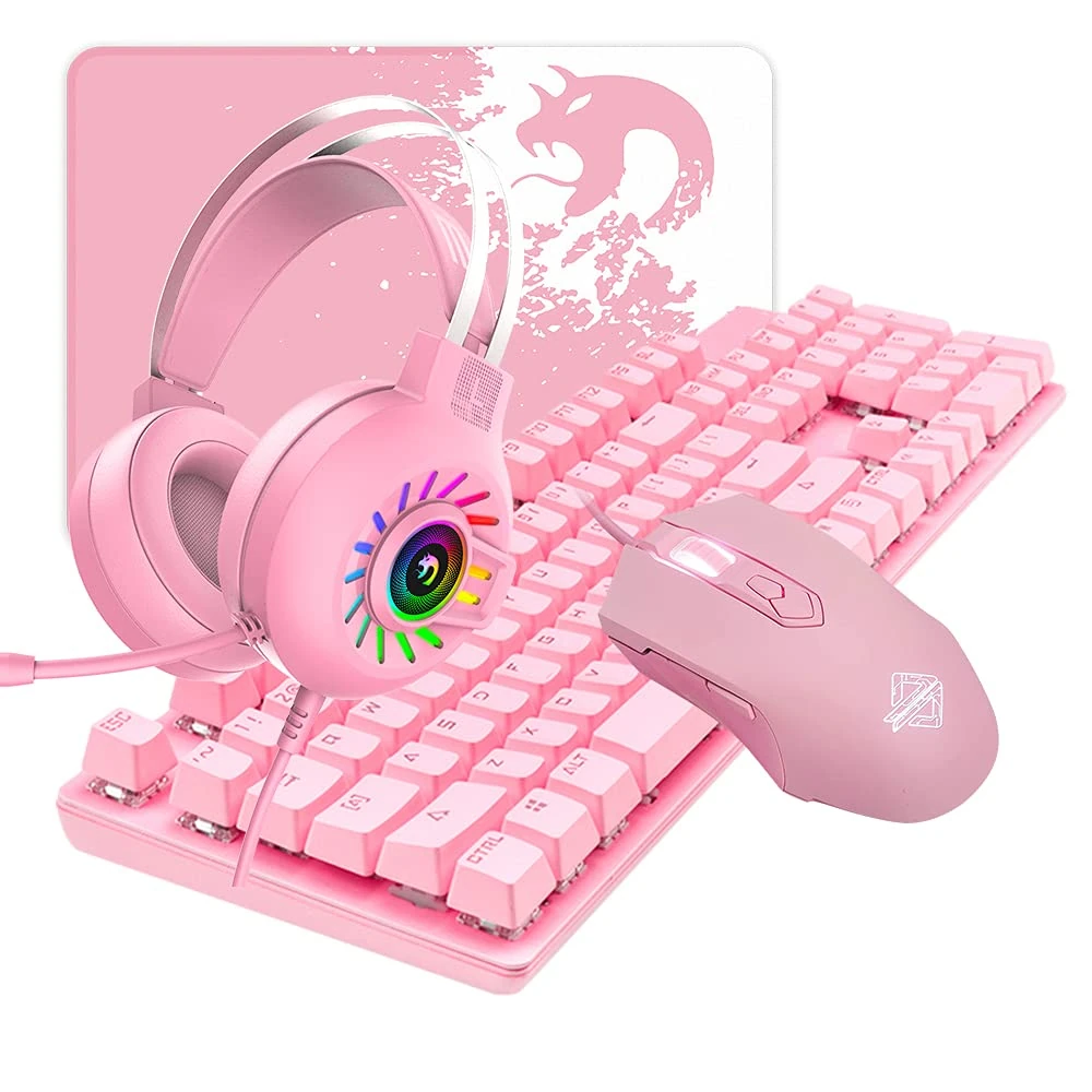 Pink 4 In 1 set Wired Mechanical Keyboard + Mouse + Headset + Mouse Pad, 104 Keys White Backlight Blue Switch Gaming Keyboard, 2500 DPI 7 Buttons RGB Backlit Mice, 3.5mm Stereo Rainbow Light Headset