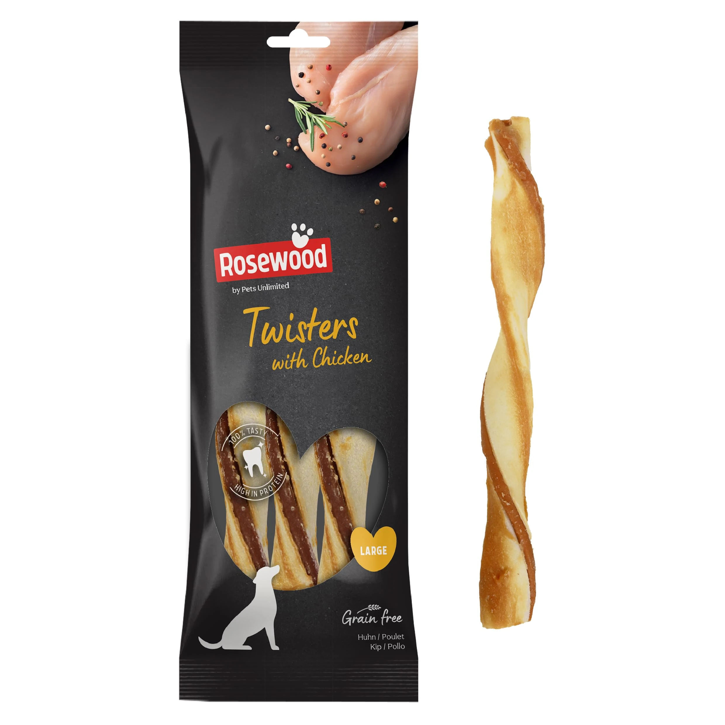 Rosewood Large Twisters for Dogs - Made with Chicken, Grain Free Chews, High Protein Dog Treats, By Pets Unlimited (3pc, 210g)