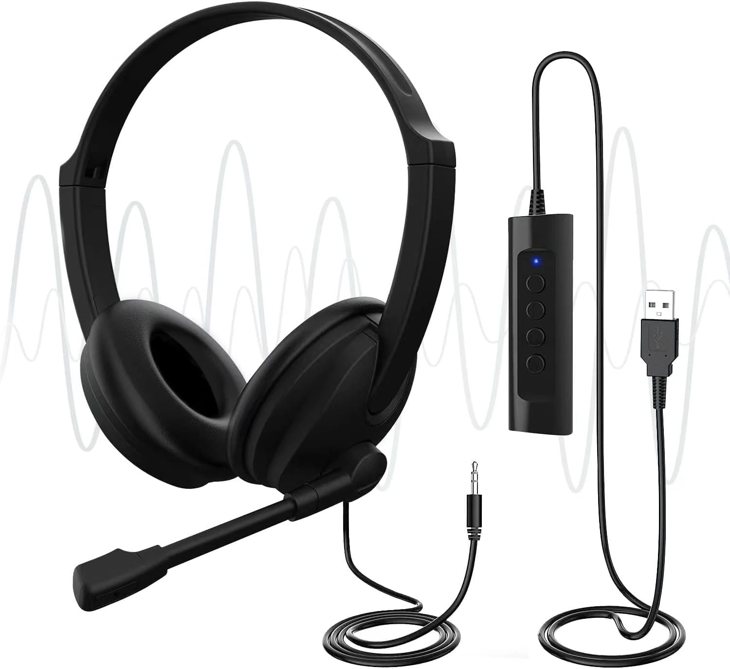 USB Headset with Microphone for PC Laptop, Adjustable Noise Cancelling Business Office Headsets, 2.5M Length Headphones with In-Line Control