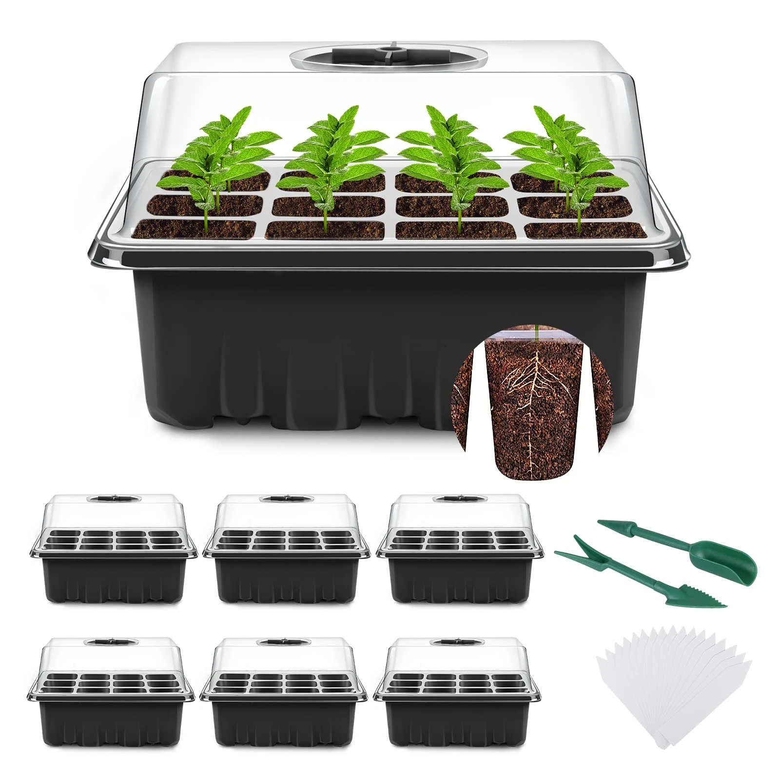 YAUNGEL Seed Trays, 6 Pack 72 Cells Propagator Growing Thicken Seedling Starter Growing Trays with Clear Lids/Adjustable Window for Greenhouse & Gardens, Black