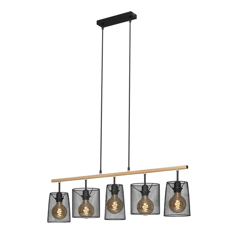 BRILONER Leuchten – Pendant Light, 5 Hanging Lights, Retro, Vintage, Wire mesh Shade, 5X E27, max. 60 Watts, Metal + Wood, Black, 960x1.200mm (LxH)