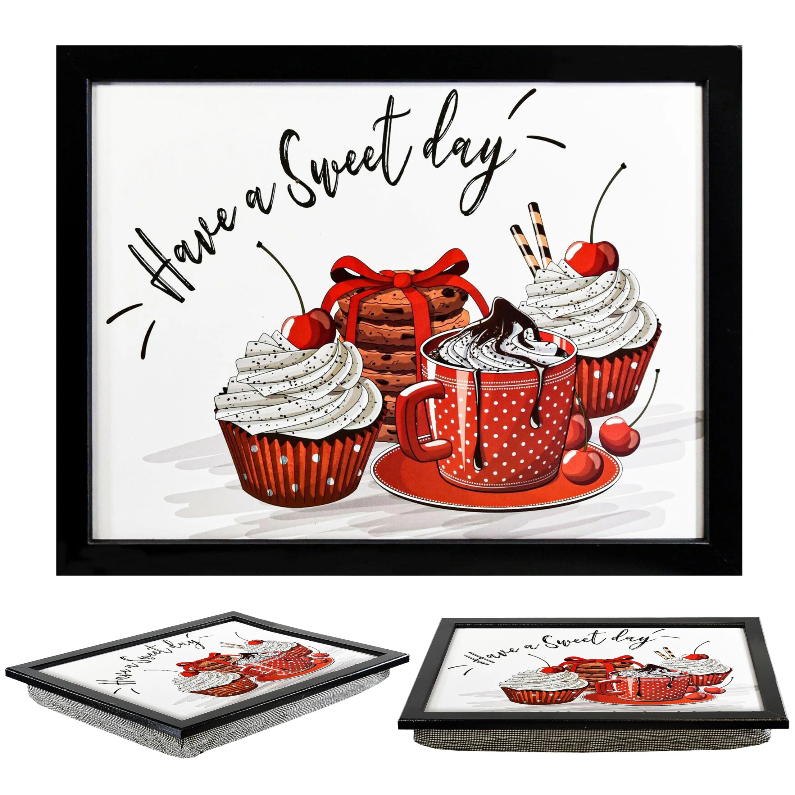 MTS Wooden Lap Trays with Bean Bag Cushion - Sweet Day Design - Large Padded Tray for Kids and Adults - Suitable for Food, Work, Art, TV, Sofa, Bed - Great for Sweet Lovers