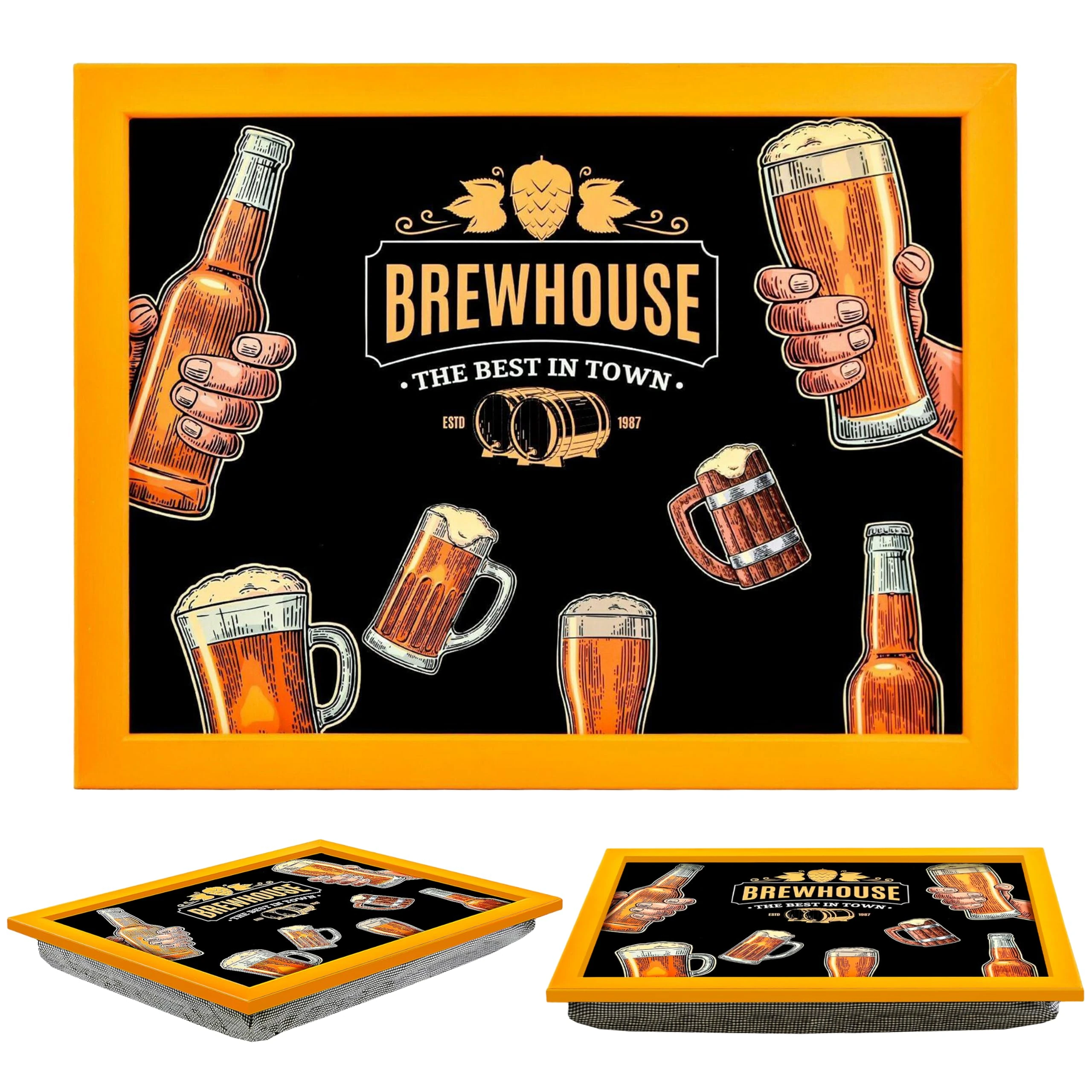 MTS Wooden Lap Trays with Bean Bag Cushion - Brewhouse Design - Large Padded Tray for Adults - Suitable for Food, Work, Art, Studies, TV, Sofa, Bed - Great Gift for Men and Beer Lovers